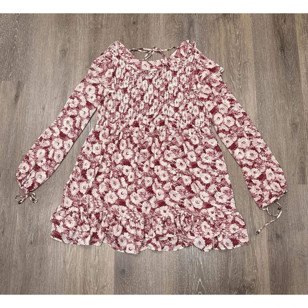 Free People Floral Mini Dress Small Red White Pleated Ruffle Hem Boho Festival